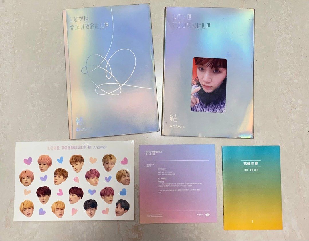 BTS Love Yourself: Answer Album - S (Category: K-Wave Merchandise) located in Manila. Submitted by mermaidgalinda_ (Listing ID 1451537420, Image 1). Description: complete! but with issue (slightly damaged cover) includes: album, cd, photocard, stickers, booklet, and other inclusions (as shown in the photos).