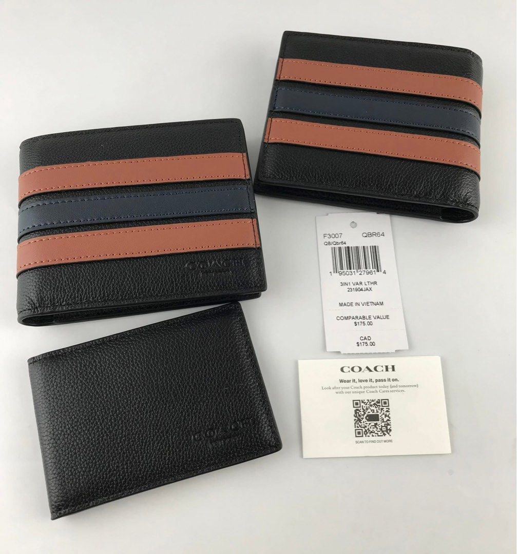 Coach Bifold Wallet - Black with Stripes (Category: Wallets & Card Holders) located in Caloocan City. Submitted by brandeditemsph (Listing ID 1451526814, Image 3). Description: Selling two Coach wallets. One is a classic black bifold. The other has black with brown and navy stripes. Both are made of leather. Comes with tags and authenticity card. Great gift idea or for yourself..