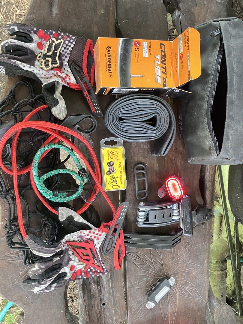 Continental Tube, Gloves, Lights, Multi-tool, Saddle Bag (Category: Other Sports Equipment and Supplies) located in San Pablo. Submitted by cadger_madmad (Listing ID 1451575504, Image 1). Description: - Cycling gloves - Continental MTB tube (27.5) - Saddle bag - Multi-tool - 2 USB rechargeable lights (front & rear) No charger included - Patch kit - Bungee cords Everything you need for your cycling adventures! Take all for 1k. .