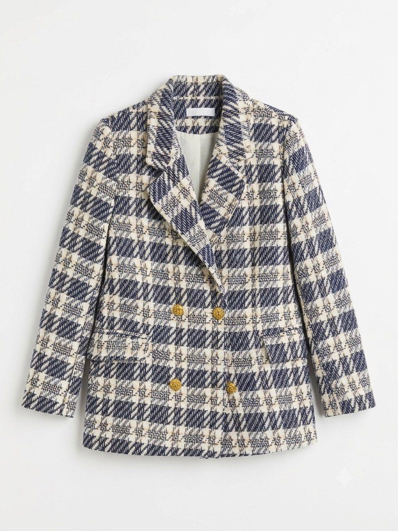 Double-breasted Houndstooth Blazer with Gold Buttons (Category: Coats, Jackets and Outerwear) located in Marikina City. Submitted by shoppagexxx (Listing ID 1451606729, Image 1). Description: Classic houndstooth double-breasted blazer with gold buttons. Textured fabric, versatile for dressing up or down. Perfect for work or casual wear. Can fit S-M.