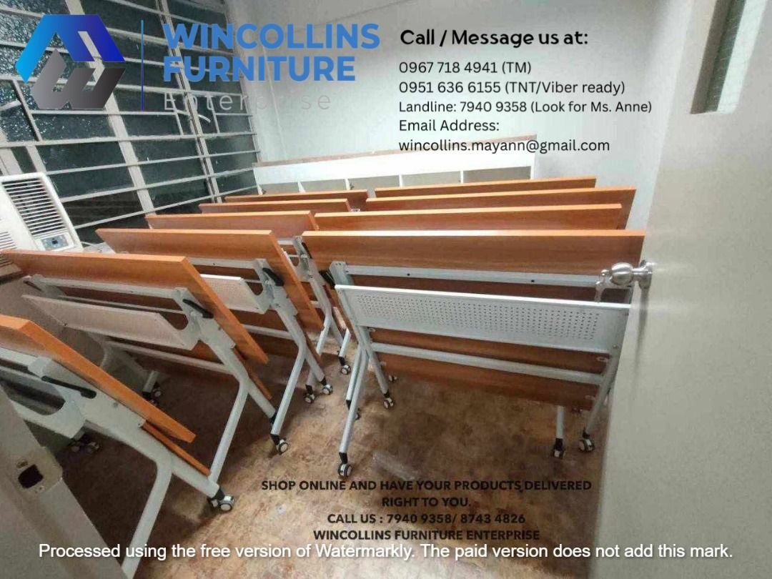 Folding Training Table / Office Table / Study Table (Category: Tables & Sets) located in Manila. Submitted by wincollinsmayannrc (Listing ID 1451561390, Image 3). Description: Folding Training Table / Office Table / Work Table Melamine scratch proof table top and modesty With 2nd layer shelf Black Tubular legs with caster wheels Color: Off White/ Beech.