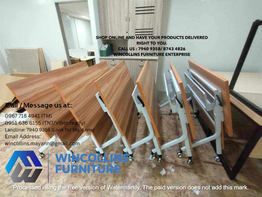 Folding Training Table / Office Table / Study Table (Category: Tables & Sets) located in Manila. Submitted by wincollinsmayannrc (Listing ID 1451561390, Image 2). Description: Folding Training Table / Office Table / Work Table Melamine scratch proof table top and modesty With 2nd layer shelf Black Tubular legs with caster wheels Color: Off White/ Beech.
