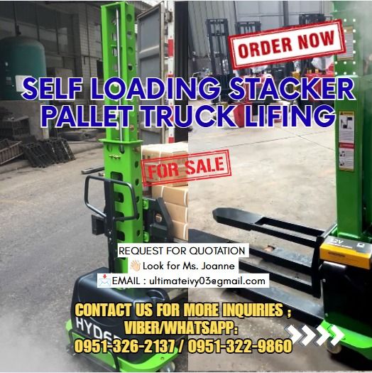 For Sale Self Loading Stacker Pallet Truck Lifing (Category: Construction Tools & Equipment) located in Caloocan City. Submitted by jynneyu68319 (Listing ID 1451582417, Image 1). Description: Max. loading capacity:500kg Max. lifting height:1300mm Fork length:1150mm Fork ground clearance: 85mm Overall length:1600mm Overall width: 800mm Overall height: 1800mm Net weight: 230kg Battery: Lead Battery 📝: Price subject may change without prior notice.