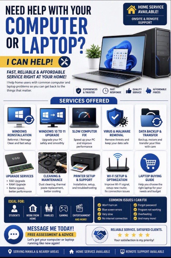 Home Computer & Laptop Repair Service - Fast & Reliable (Category: Desktops) located in Bulacan. Submitted by jamescarl1421 (Listing ID 1451550445, Image 1). Description: - Home service for computer & laptop repair - Fast, reliable, and affordable solutions - Services: Windows reinstallation, upgrades, virus removal, data backup, cleaning, Wi-Fi setup - Fixes: Slow performance, blue screens, forgotten passwords - Free assessment and advice - Onsi