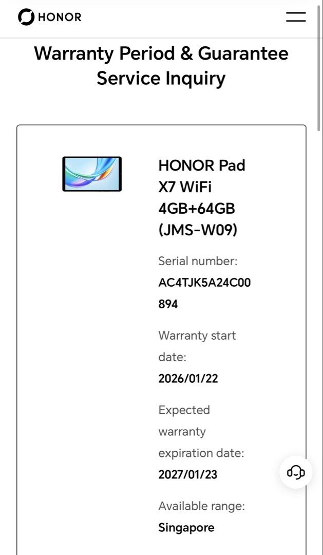 Honor (Category: Android) located in Singapore. Submitted by simonlkl (Listing ID 1451632821, Image 1). Description: No receipt. Got as a gift - HONOR Pad X7 - Color: Gray - Memory: 4GB RAM - Storage: 64GB - Model: JNS-W09 - Manufacturer: Honor Device Co., Ltd..