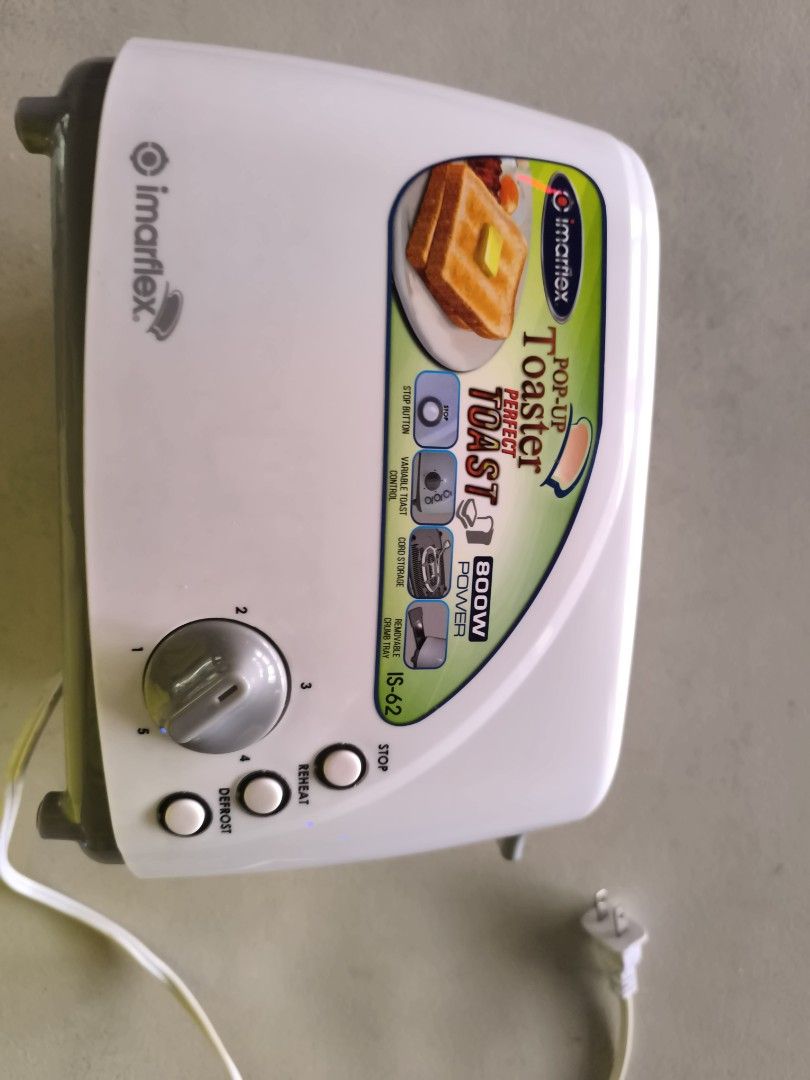 Imarflex IS-62 Pop-Up Toaster 800W (Category: Ovens & Toasters) located in Caloocan City. Submitted by _preloved_bb (Listing ID 1451527927, Image 3). Description: - White Imarflex toaster - 2 bread slots - Functions: Stop, Reheat, Defrost - Adjustable browning level - 800W power - Ideal for toast, bagels, and more - Compact design.