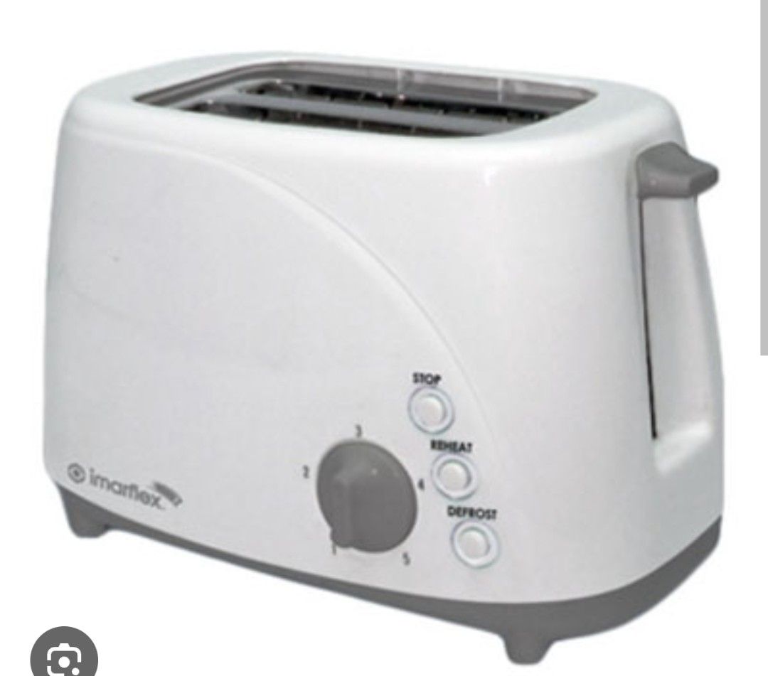 Imarflex IS-62 Pop-Up Toaster 800W (Category: Ovens & Toasters) located in Caloocan City. Submitted by _preloved_bb (Listing ID 1451527927, Image 1). Description: - White Imarflex toaster - 2 bread slots - Functions: Stop, Reheat, Defrost - Adjustable browning level - 800W power - Ideal for toast, bagels, and more - Compact design.