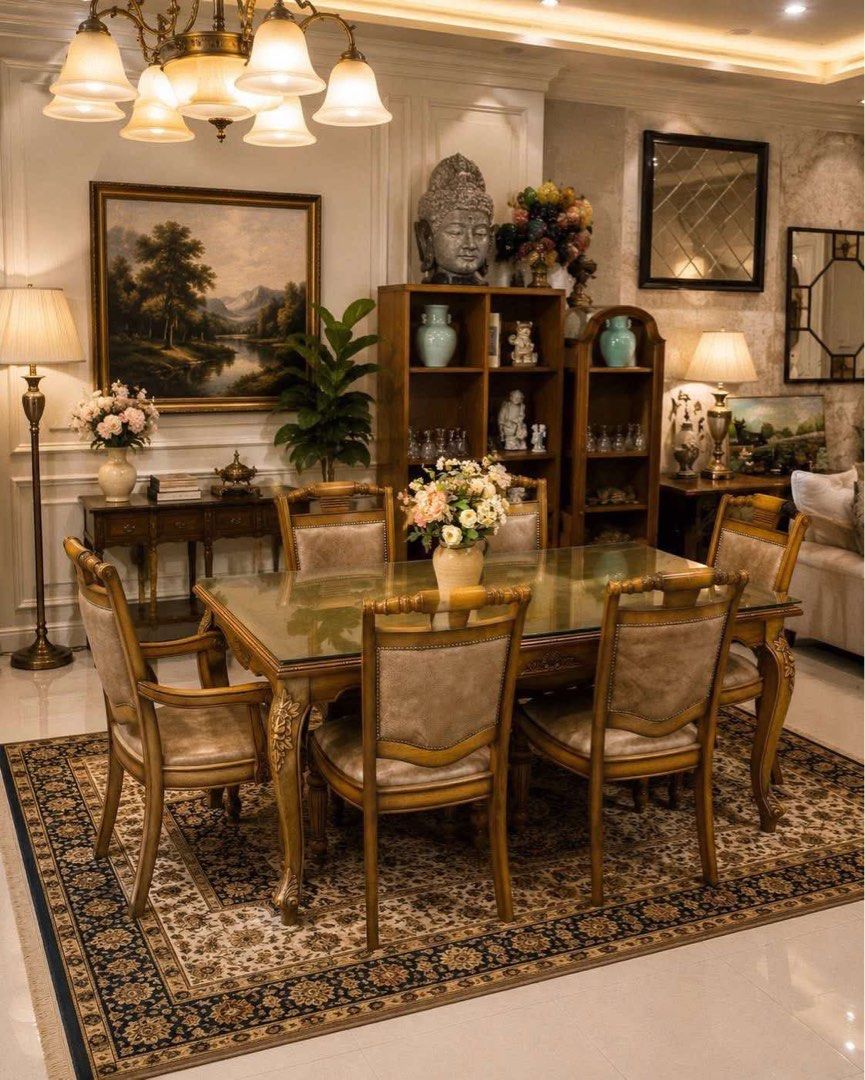 IMPORTED Solid Wood Glass Top Dining Table with 6 Chairs (Category: Tables & Sets) located in Quezon City. Submitted by tinskizarsari (Listing ID 1451619725, Image 3). Description: - Glass-top dining table - Dimensions: 62 inches long x 35 inches wide - Includes 6 chairs with upholstered seats and backs - Warm, golden wood finish - Ideal for family dinners and entertaining - Pickup only.