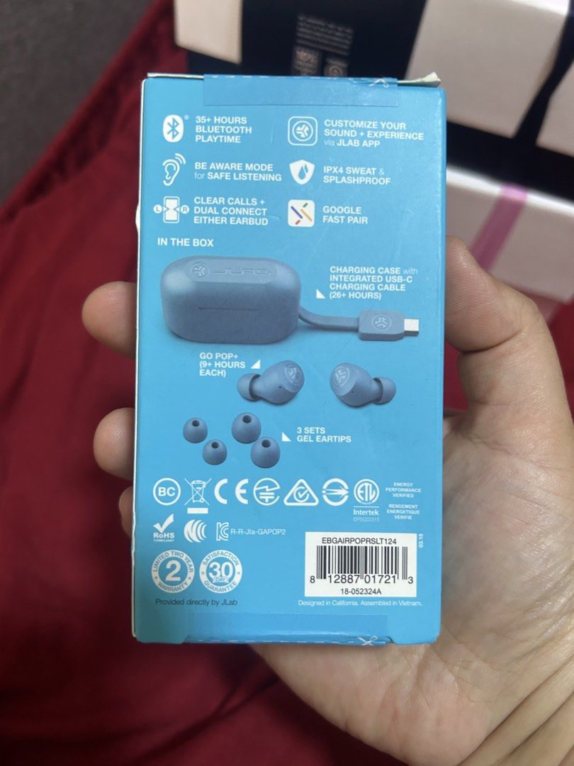 JLab Go Pop+ True Wireless Bluetooth Earbuds (Category: Earphones) located in Paranaque City. Submitted by allthatclutterph (Listing ID 1451577599, Image 2). Description: - JLab Go Pop+ True Wireless Earbuds in Slate - 35+ Hours Total Playtime with Charging Case - Be Aware Mode for Safe Listening - Dual Connect: Use Either Earbud Independently - IPX4 Sweat and Splashproof - Includes Charging Case, USB-C Cable, and 3 Sizes of Gel Eartips - Customi