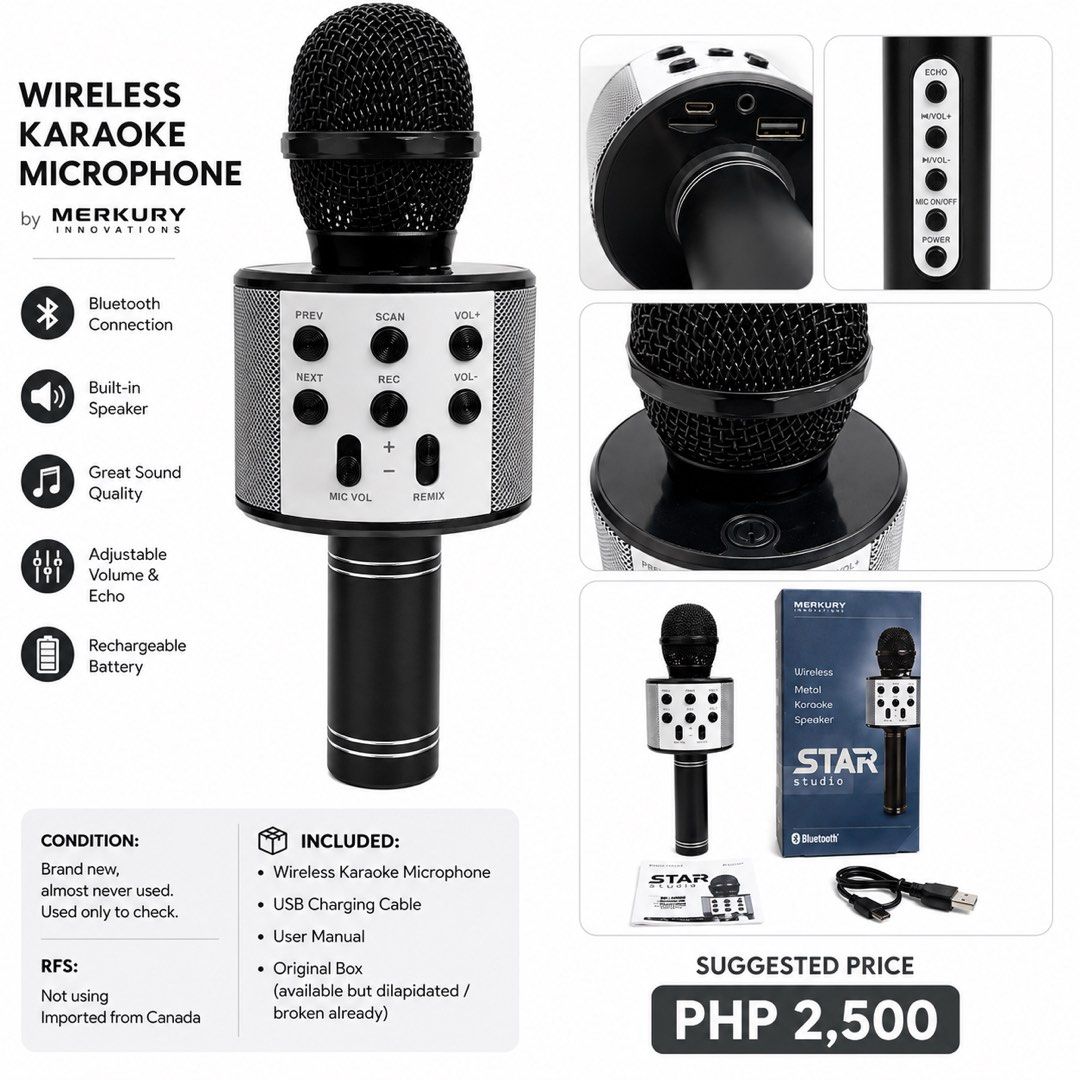 Merkury Star Studio Wireless Karaoke Microphone Speaker Bluetooth (Category: Microphones) located in Manila. Submitted by sheseesells (Listing ID 1451533436, Image 1). Description: Selling my Merkury Innovations Star Studio Wireless Bluetooth Karaoke Microphone. ✅ Brand new condition ✅ Almost never used (used only once to test) ✅ 100% working, no issues ✅ Imported from Canada Features: * Bluetooth connectivity * Built-in speaker * Rechargeable ba