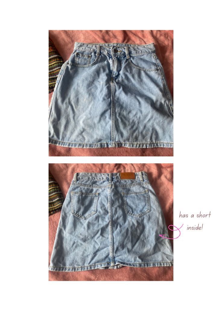 mini skirt set (Category: Skirts) located in Manila. Submitted by wellovedbysa (Listing ID 1451558594, Image 2). Description: - orig price was around 300+ each (maong was more expensive) - perfect for basic outfits -both has built in shorts inside! - will fit s-m - size 27-28.