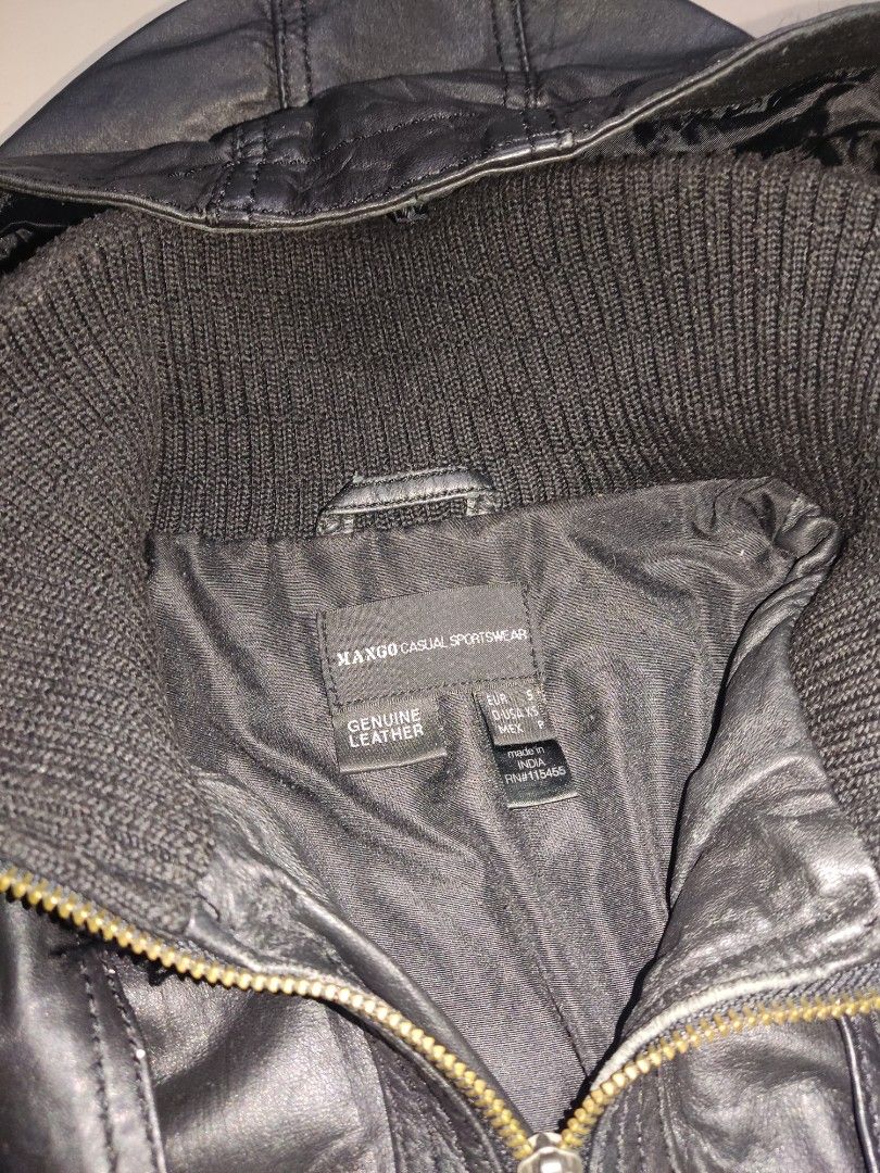 MANGO Black Leather Jacket (Category: Coats, Jackets and Outerwear) located in Davao. Submitted by xhiyska.thrift (Listing ID 1451664329, Image 3). Description: - Genuine Black MNG Sheep Leather - Hooded Bomber Style - Ribbed Cuffs and Hem - Two Buttoned Chest Pockets - Two Side Pockets - Zipper Closure - Polyester/Cotton Blend Lining - Ideal for Casual Wear This is pre loved not thrifted Just pm for more pictures and honest issue.