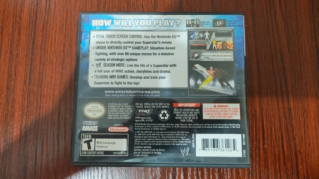 [Nintendo DS, CIB] WWE SmackDown vs. Raw 2008 (Category: Nintendo) located in Castillejos. Submitted by 2ndhandgamer (Listing ID 1451652121, Image 2). Description: One of the worst games I played on the Nintendo DS. It's a wrestling game controlled entirely through the touchscreen. It has a pretty sizable roster of playable wrestlers from SmackDown, Raw, and ECW. But the moveset is so laughably limited. Please buy it..