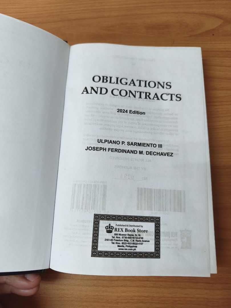Obligations and Contracts 2024 Edition Rex Book Store (Category: Textbooks) located in Caloocan City. Submitted by bobguanter08751 (Listing ID 1451562336, Image 2). Description: - 2024 Edition of Obligations and Contracts - Authors: Ulpiano P. Sarmiento III & Joseph Ferdinand M. Dechavez - Publisher: Rex Book Store - Condition: Some pages have highlights and notes - Ideal for: Law students seeking a great reference.