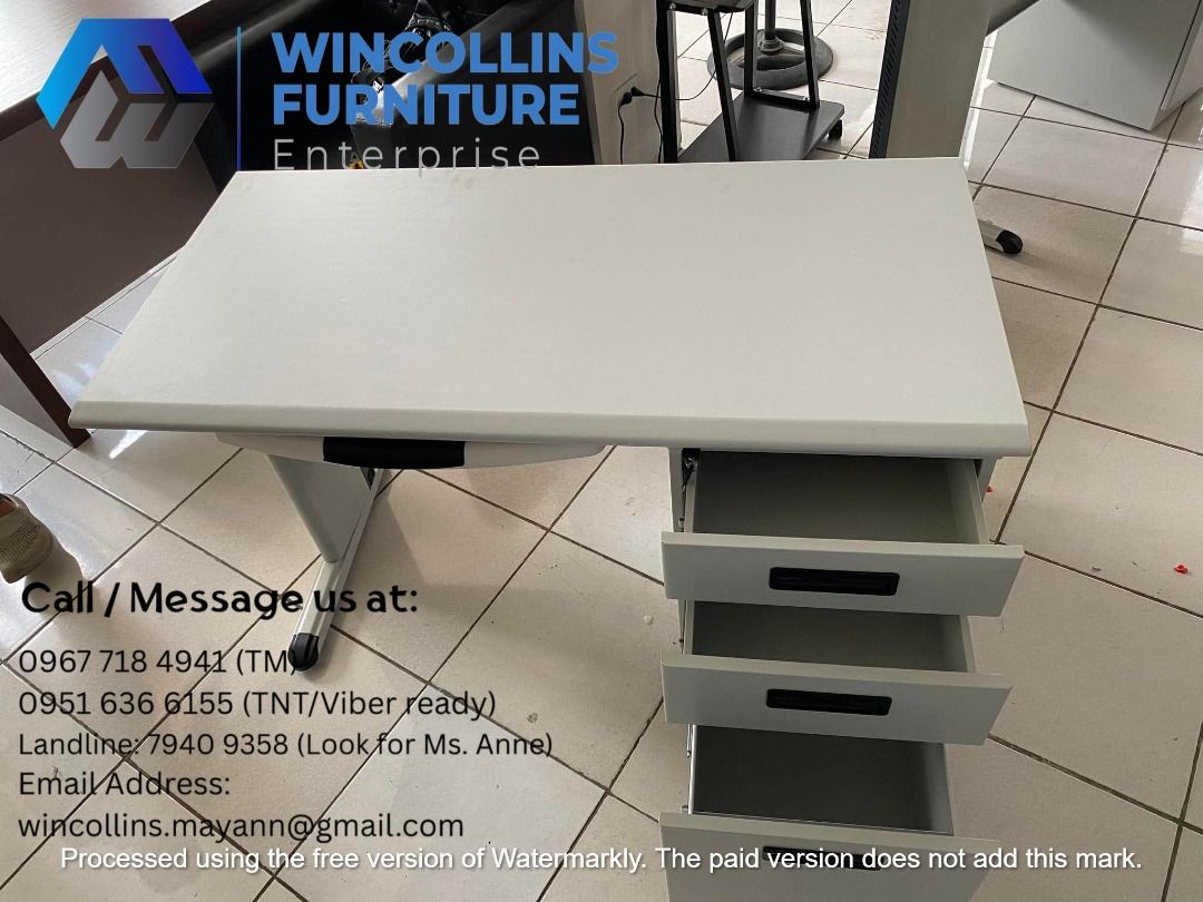 Office Table / Study Table / Work Table / Computer Table (Category: Tables & Sets) located in Manila. Submitted by wincollinsmayannrc (Listing ID 1451527581, Image 3). Description: Office Table / Study Table / Work Table Melamine scratch proof table top with metal body pull out side drawers with lock, keyboard tray Color: Light gray Size: 120cmLx60cmDx76H.