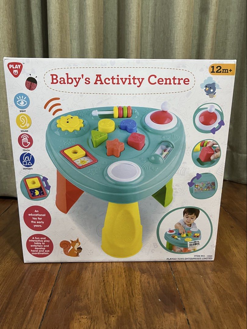 PLAY GO Baby's Activity Centre - Educational Toy for 12m+ (Category: Infant Playtime) located in Marikina City. Submitted by kkkristineee (Listing ID 1451651621, Image 1). Description: Includes: - 1 Table - 3 Legs - 1 Joy Stick - 5 Blocks - Fun and interactive play table - Helps develop hand-eye coordination. - Encourages sight, sound, and touch exploration. - Great educational toy for early development. - Comes in original packaging..