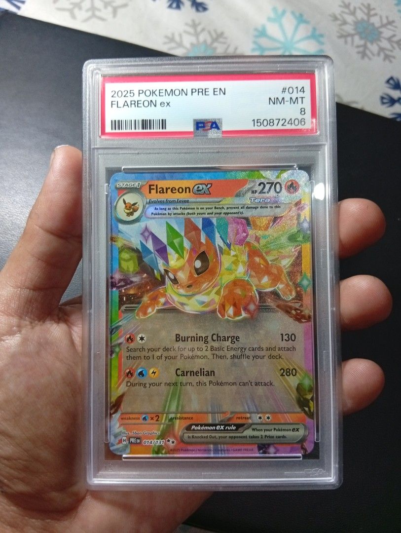 Pokemon 2025 PSA 8 Prismatic Evolutions Flareon EX (Category: Graded Singles) located in Manila. Submitted by back_to_the_thrift (Listing ID 1451646995, Image 1). Description: Pokemon 2025 PSA 8 Prismatic Evolutions Flareon EX clean slab Dapitan Sampaloc Manila Meetup or Lalamove LBC etc .