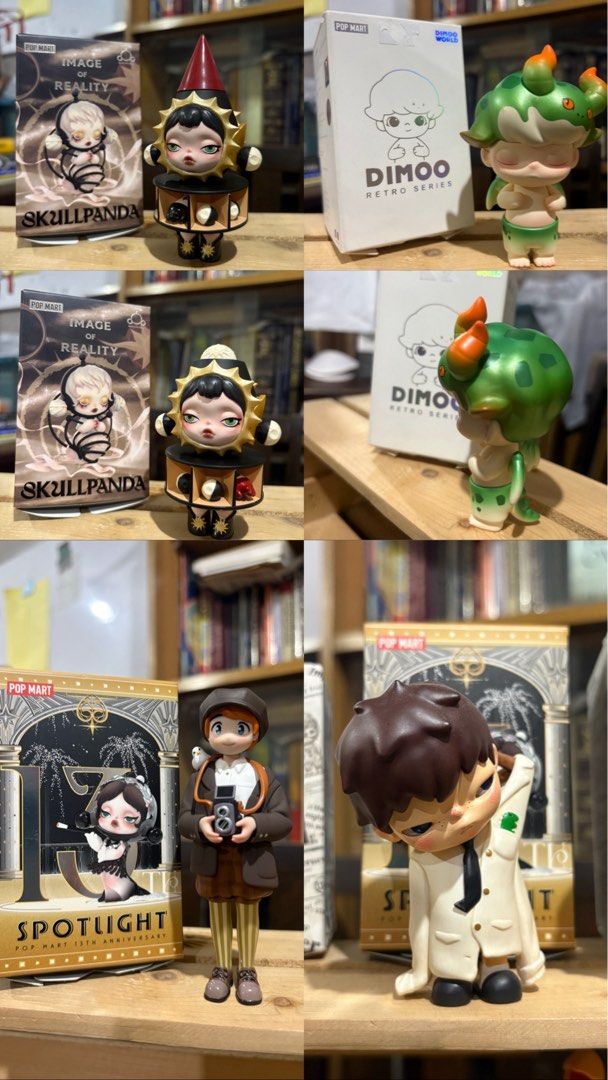 Pop Mart Blind Box Figures - Bundle (Category: Designer & Blind Box Toys) located in Pasig City. Submitted by nicgamboa13 (Listing ID 1451556857, Image 3). Description: Popmart Collection -RFS: Need funds TT -Each complete with accessories, cards, foils, and boxes! -Take all as a bundle for P6.3k (14 figures with 6 freebies included) Can also sell for tingi. PM Includes (14): DIMOO Retro - Little Green Dragon Skullpanda Image of Reality - The Mer