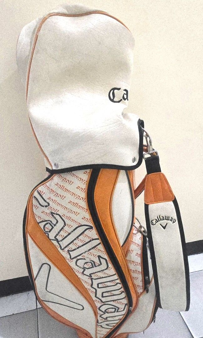 [REPRICED] Pre-loved Callaway Golf Bag (Category: Golf) located in Manila. Submitted by nikkora (Listing ID 1451681032, Image 1). Description: 📍Callaway orange & white leather caddie bag - Well-used - Rare color combination - All zippers are functional - Comes with detachable cover/cap (as seen in photos) - Full disclosure: White leather on upper portion is peeling ("nagbabalat") 📍Shipping info: - Price excludes shipping fee - Comes with box (b