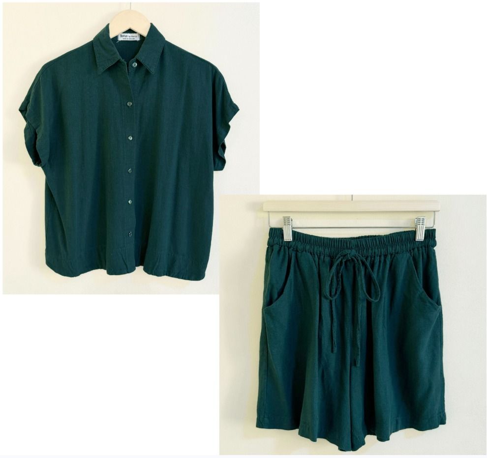 Pre-owned green terno/coordinates (Category: Sets or Coordinates) located in Quezon City. Submitted by homestyleplus (Listing ID 1451535737, Image 1). Description: Pre-owned green terno/coordinates - Bought in Bangkok - Excellent used condition Top: - chest: 36"-44" (approximate) - length: 22.75" (approximate) Shorts: - waist: 36"-44" (approximate) - length: 16.25" (approximate) - with functional side pockets *color of item on photos may vary fro