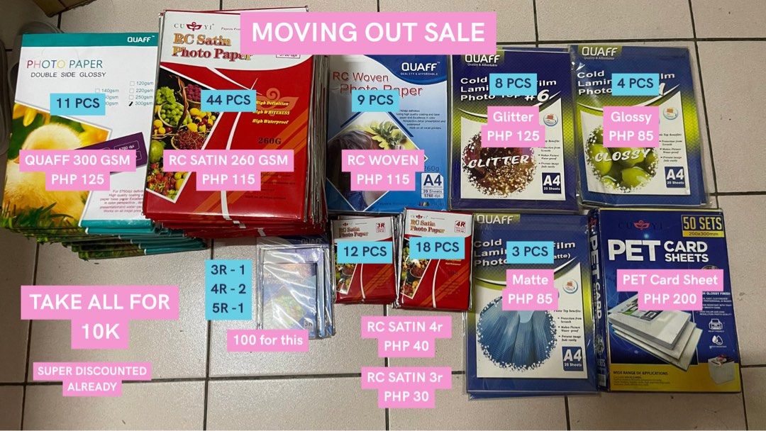 PRINTING BUSINESS BUNDLE QUAFF CUYI CONSUMABLES (Category: Craft Supplies & Tools) located in Manila. Submitted by gomdobear (Listing ID 1451625922, Image 1). Description: Quaff and Cuyi Papers Bundle 1: 10K Bundle 2: 3.3K Priority getting everything ASAP Location: Near LRT 1 Vito Cruz Station (Malate Manila).