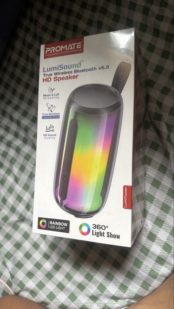 Promate LumiSound True Wireless Bluetooth v5.3 HD Speaker (Category: Soundbars, Speakers & Amplifiers) located in Manila. Submitted by young.aquilae (Listing ID 1451550792, Image 1). Description: - Promate LumiSound HD Speaker - True Wireless Bluetooth v5.3 - High-Definition Sound for Music & Calls - 360° Rainbow LED Light Show with Multiple Modes - Portable Design for Music On-the-Go - Multiple Playback Options: Wireless BT, AUX, USB Drive, TF C