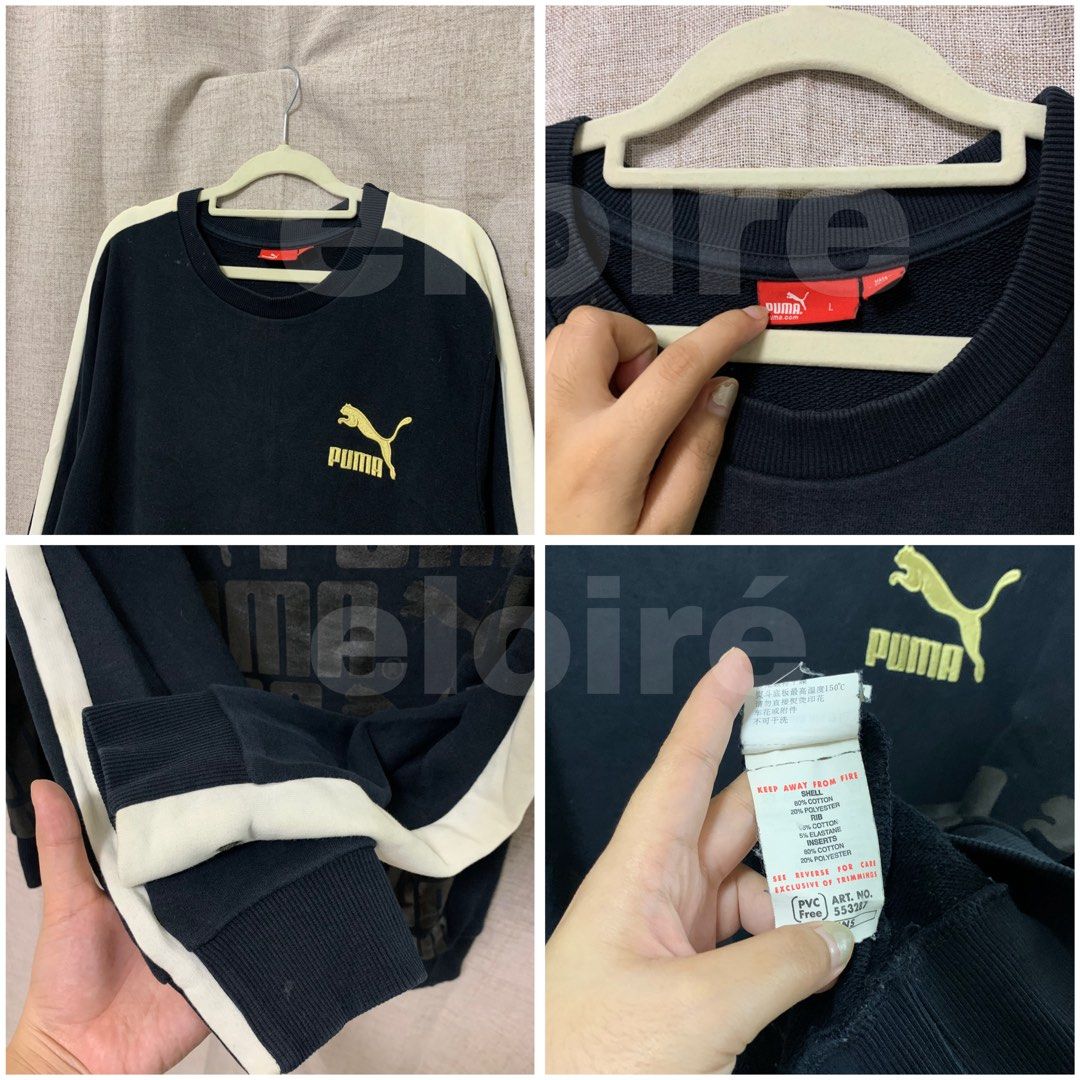Puma Black & Gold Logo Sweatshirt (Category: Coats, Jackets and Outerwear) located in Taguig. Submitted by eloire (Listing ID 1451672356, Image 2). Description: Details • Size:23x27 • Condition: 10/10 • Issue: need wash only Reminder ⚠️ This is a ukay/preloved item. Please wash before use. ⚠️ Visible issues may be improved or fixed with washing and Jobus. ⚠️ Please check all photos and manage your expectations. ❌ No return, refund, or exchang - B