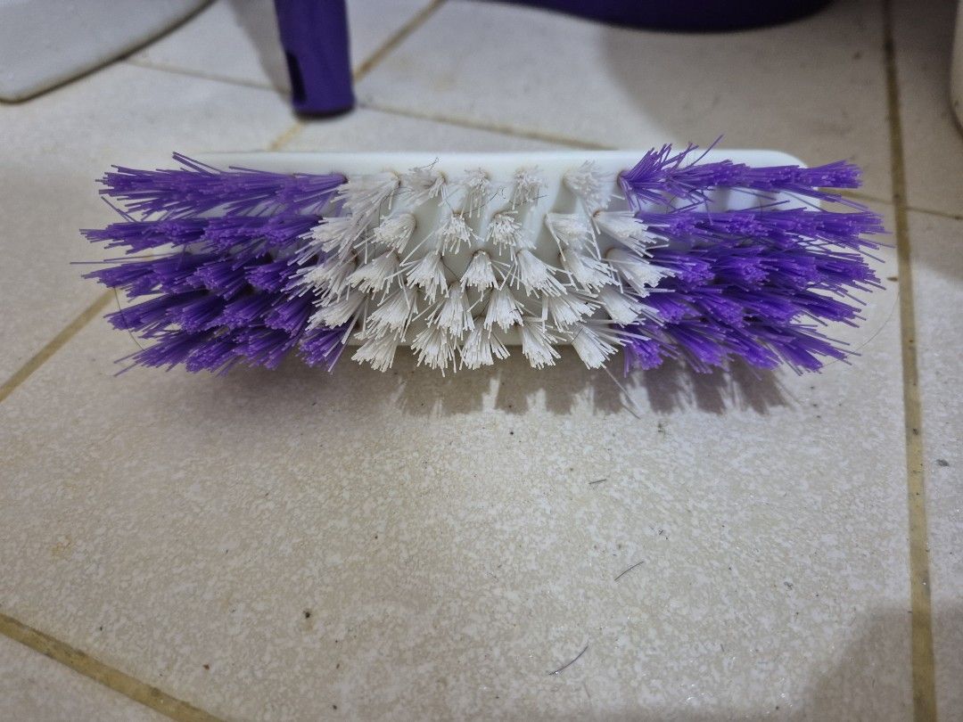 Purple and White Bristle Cleaning Brush with Handle (Category: Hair) located in Manila. Submitted by zotag (Listing ID 1451645807, Image 2). Description: - Sturdy scrubbing brush for tough jobs. - Firm bristles effectively clean floors and surfaces. - Comfortable white handle for easy grip and use. - Attractive purple and white bristle design..
