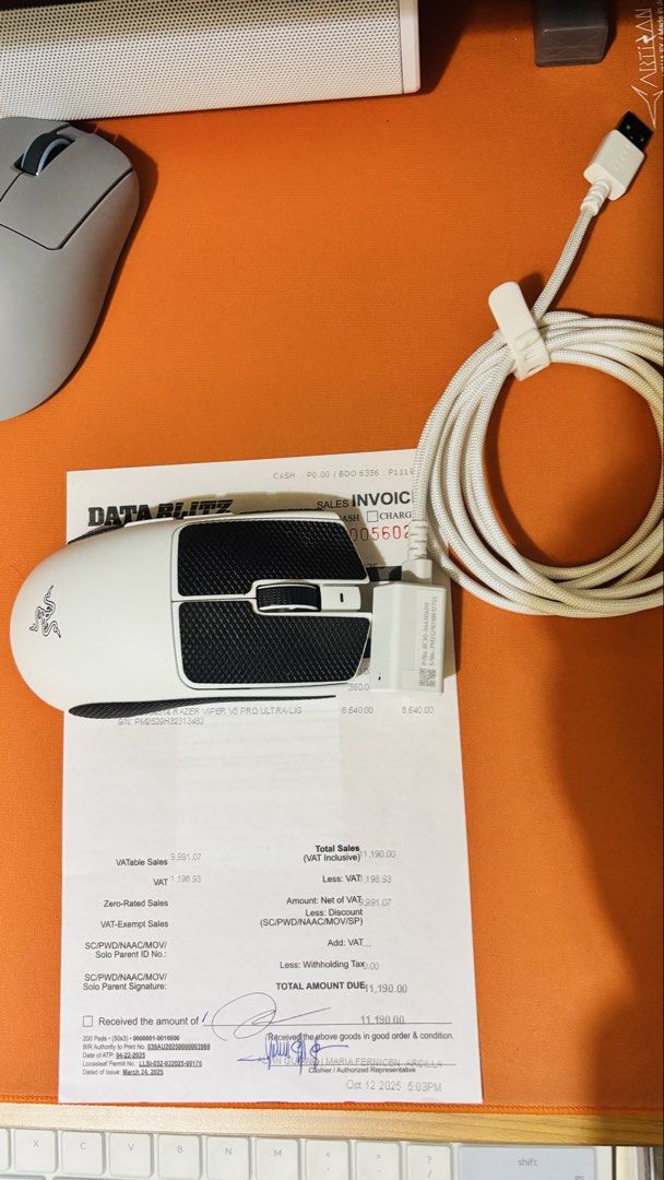 Razer Viper V3 Pro White Gaming Mouse (Category: Mouse & Mousepads) located in Marikina City. Submitted by mavzvillanueva (Listing ID 1451593295, Image 1). Description: - Razer Viper V3 Pro Gaming Mouse (White) - Comfortable grip - Includes original charging cable and box - Purchased from Data Blitz (invoice shown in photos) Oct 2025 - Ready for a new owner! Feel free to ask questions..