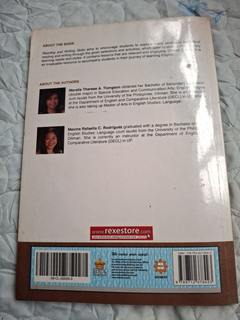 Reading and Writing Skills Rex Bookstore (Category: Textbooks) located in Caloocan City. Submitted by haydee88 (Listing ID 1451587690, Image 2). Description: 🍒no writings 🍒with plastic cover.