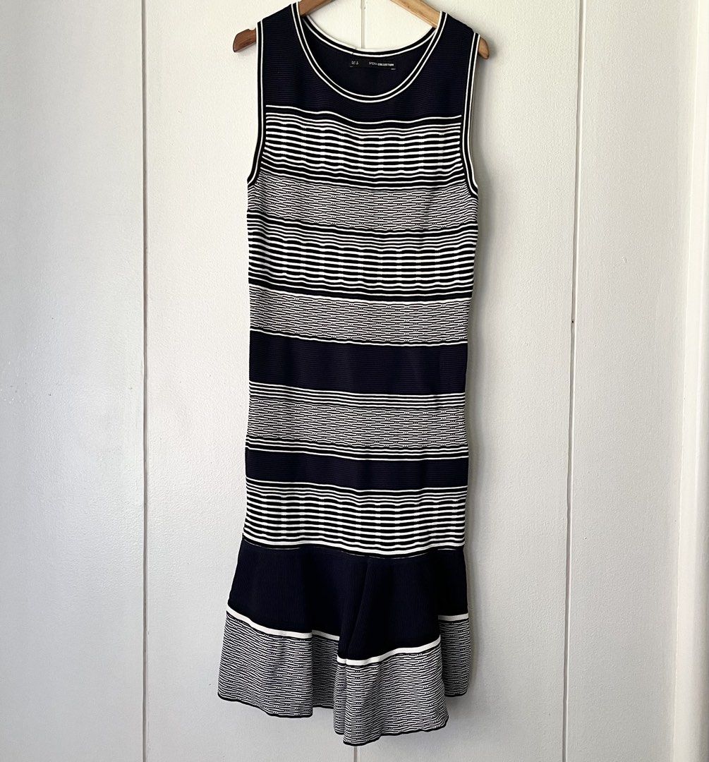 Sfera Stripe Knit Dress (Category: Dresses) located in Quezon City. Submitted by nchm88 (Listing ID 1451544390, Image 1). Description: Sfera stripe knit dress - fitted fit - comfortable to wear - navy blue, black, white stripe - subtle ruffle detail on hemline - hardly used, good as new - in good condition, no damages or stains - size small .