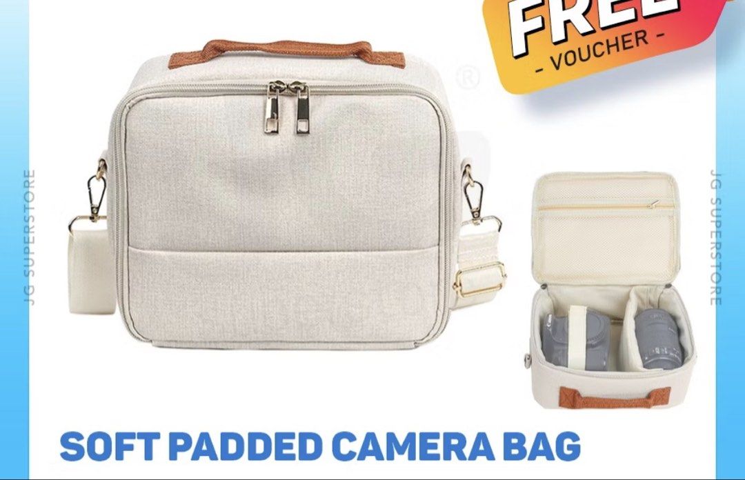 Soft Padded Camera Bag - Multiple Colors Available (Category: Camera Bags & Carriers) located in Marikina City. Submitted by joannealeria (Listing ID 1451655021, Image 1). Description: Color: BEIGE - Soft padded camera bag - Main compartment with dividers for camera and lenses - Zippered accessory pocket inside lid - Detachable shoulder strap - Top handle for easy carrying.