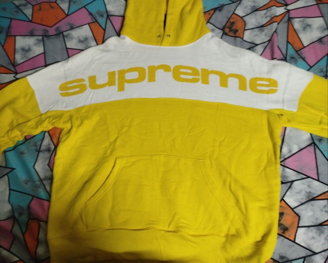 Supreme Sweatshirt Hoodie Jacket FW17 (Category: Coats, Jackets and Outerwear) located in San Juan City. Submitted by reddvelasquez4298 (Listing ID 1451520636, Image 3). Description: Supreme Sweatshirt Hoodie Jacket FW17 Yellow Size Medium Over Size 25.5 Width 27 Length Good Condition Issues, Yellow/ Rust stains, kayo na po humusga kung tunay o hindi. 1500 pesos PM.