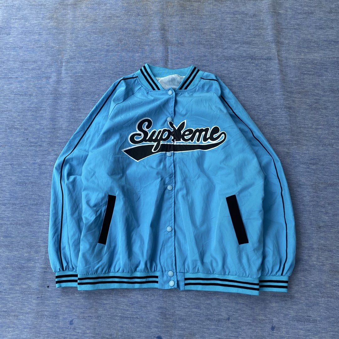SUPREME X PLAYBOY VARSITY JACKET (Category: Hoodies) located in Angeles City. Submitted by stephen52790 (Listing ID 1451614965, Image 1). Description: 🟥SUPREME X PLAYBOY VARSITY JACKET (INCH) Size: L Width: 24.5 Length: 25.5 •Good/Excellent condition •Print design •Skyblue colorway •Issue: Missing 1 button only Price: 450PHP.
