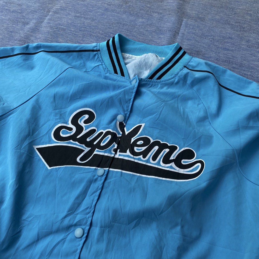 SUPREME X PLAYBOY VARSITY JACKET (Category: Hoodies) located in Angeles City. Submitted by stephen52790 (Listing ID 1451614965, Image 2). Description: 🟥SUPREME X PLAYBOY VARSITY JACKET (INCH) Size: L Width: 24.5 Length: 25.5 •Good/Excellent condition •Print design •Skyblue colorway •Issue: Missing 1 button only Price: 450PHP.