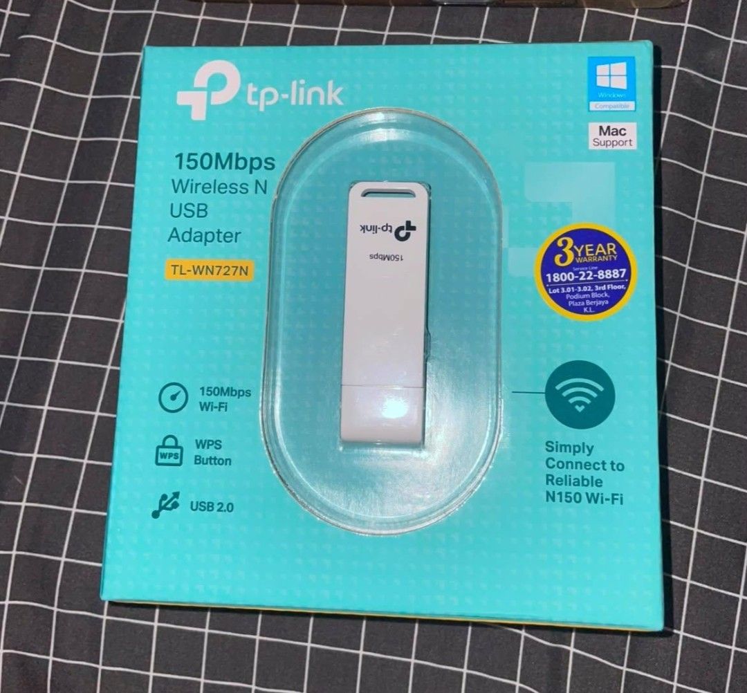 TP-Link TL-WN727N 150Mbps Wireless N USB Wi-Fi Adapter (Category: Networking) located in Ampang. Submitted by chikpyqa (Listing ID 1451583138, Image 2). Description: - Stable 150Mbps Wi-Fi for everyday needs (surfing, social media) - Easy setup with WPS button - Plug-and-play via USB 2.0 - Reliable N150 Wi-Fi connection - From the World's No.1 Wi-Fi brand.