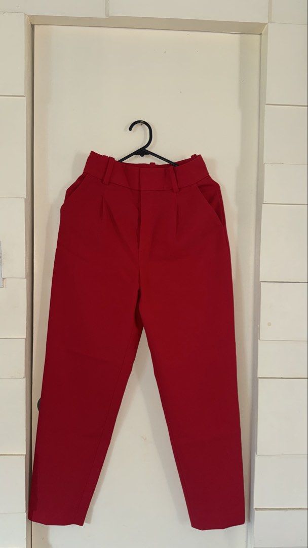 ZARA RED HIGH WAIST PANTS (Category: Other Bottoms) located in Manila. Submitted by ohwonus (Listing ID 1451542268, Image 1). Description: High waisted width 33-34 cm .