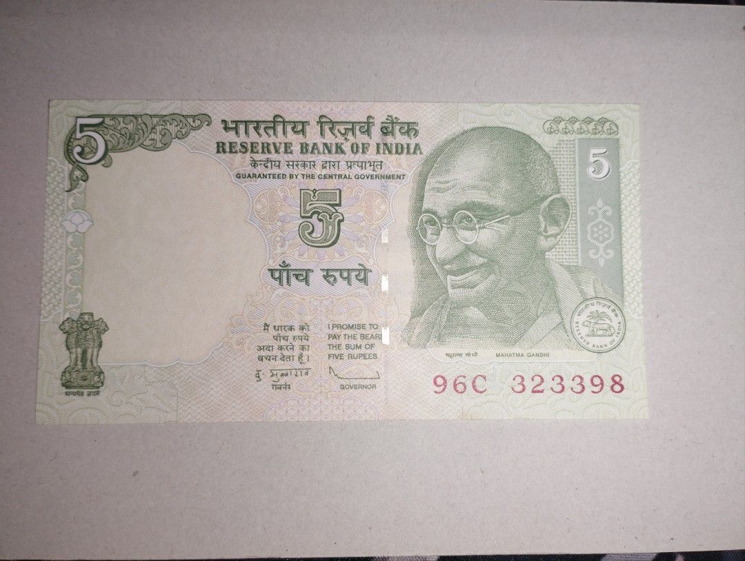 India 5 Rupees (Category: Currency) located in Baguio. Submitted by maximum_carnage (Listing ID 1451799663, Image 1). Description: - Authentic 5 Rupees banknote from India - Dated 2010 - Features Mahatma Gandhi on one side - Depicts a tractor in a field on the reverse - Ideal for coin and banknote collectors - Unique decorative piece.