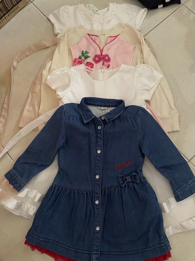 5pcs 1-3yo Toddler Girls Dresses Bundle Guess Denim, White Rose flower girl wedding, Pink Floral cheongsam chinese new year CNY (Category: Babies & Kids Fashion) located in Kuala Lumpur. Submitted by silentsilverz (Listing ID 1451803520, Image 1). Description: 3 pcs dresses like new. 2 dresses Preloved, giving for free. Blue denim branded: Guess. .