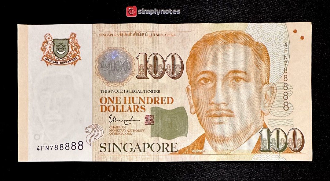 788888 $100 Almost Solid (Category: Currency) located in Singapore. Submitted by simplynotes (Listing ID 1451783659, Image 2). Description: Portrait $100 Banknote 4FN788888 Almost Solid Lightly Used No hole, No tear.