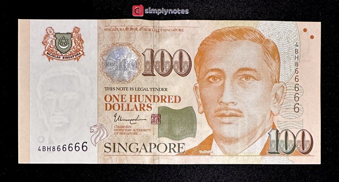 866666 $100 Almost Solid (Category: Currency) located in Singapore. Submitted by simplynotes (Listing ID 1451781621, Image 2). Description: Portrait $100 Banknote 4BH866666 Almost Solid Like New / About UNC / AUNC.