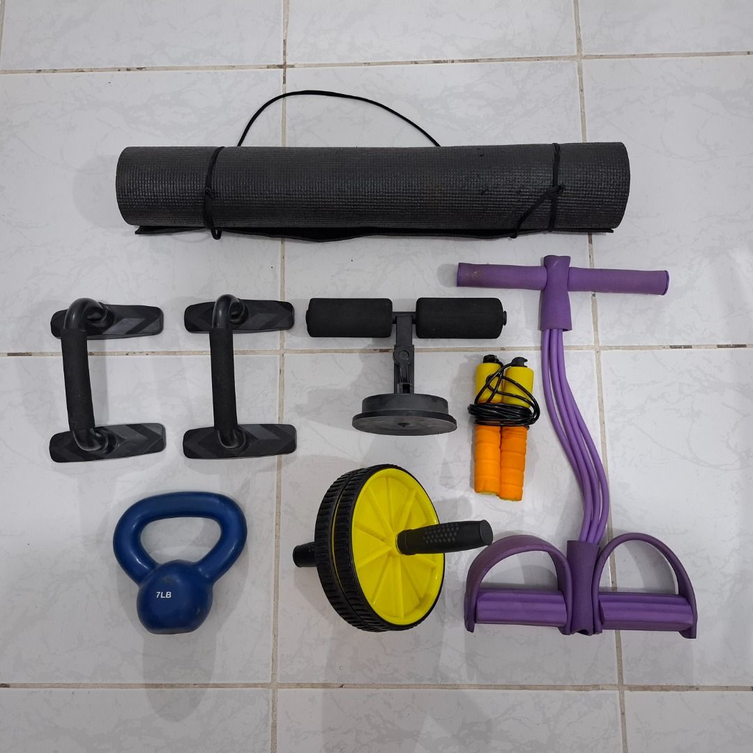🏋️ Home Gym Set 🏋️ (Category: Weights & Dumbbells) located in Quezon City. Submitted by nutahal (Listing ID 1447304281, Image 2). Description: 🏋️ Home Gym Set 🏋️ Perfect for anyone building a home gym on a budget! ==== 🏋️ Plastic Weight Set • 1.5 kg plates × 4 • 2 kg plates × 4 • Dumbbell bars × 2 • Barbell bar × 1 • Locks/Collars × 4 ==== 💪 Accessories Included • Doorway pull-up bar • Resistance band with foot lock • Exercise mat • Jump ro