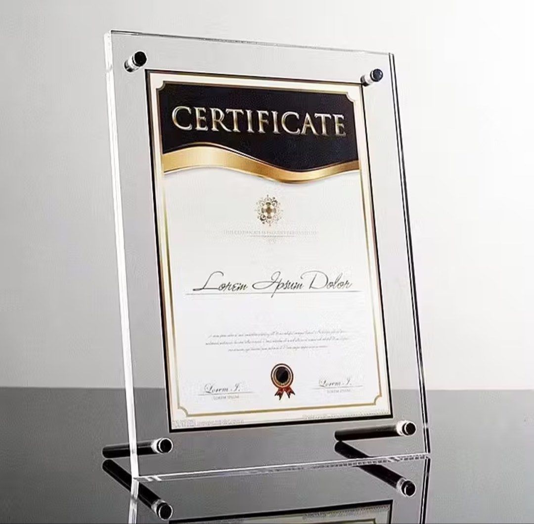 A4 Clear Acrylic Certificate Frame with Silver Screws (Category: Frames & Pictures) located in Caloocan City. Submitted by items.preloved.92 (Listing ID 1451709803, Image 1). Description: (A4)12 inches: frame size 24.2*33.9cm photo size 21*29.7cm 4 pcs available, Php300 each Location: Commonwealth, QC MOP: GCash/BPI Courier: Lalamove/J&T (shipping fee to be shouldered by buyer).