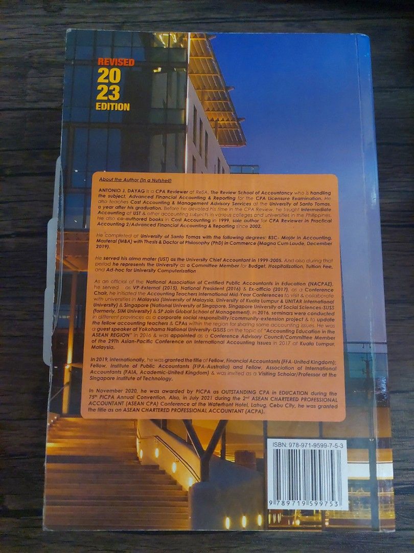 Advanced Financial Accounting 2023 by Dayag (Category: Textbooks) located in Manila. Submitted by izzybellz (Listing ID 1451756574, Image 2). Description: - has some pencil writings and highlights but well maintained - official 2023 Edition - Author: Antonio J. Dayag - Good studying material for accounting subjects like SpecTrans and AFAR.