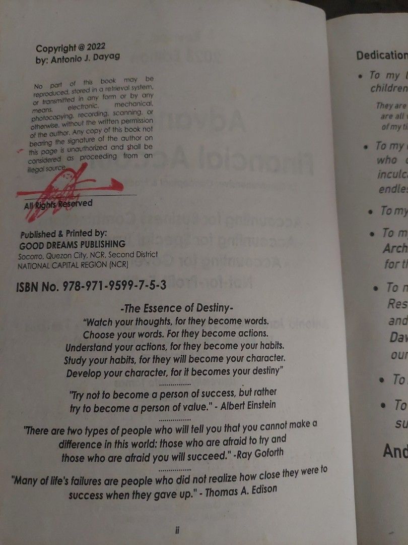 Advanced Financial Accounting 2023 by Dayag (Category: Textbooks) located in Manila. Submitted by izzybellz (Listing ID 1451756574, Image 3). Description: - has some pencil writings and highlights but well maintained - official 2023 Edition - Author: Antonio J. Dayag - Good studying material for accounting subjects like SpecTrans and AFAR.