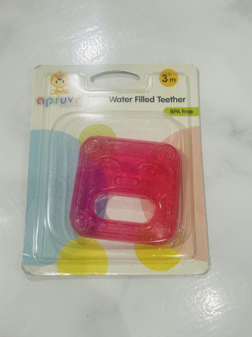Apruva Water Filled Teether BPA Free 3m+ (Category: Infant Playtime) located in Rizal. Submitted by anne_1029 (Listing ID 1451732547, Image 1). Description: - Apruva Water Filled Teether - BPA Free - Cools and soothes tender gums - Can be cooled in the refrigerator - Suitable for cold water sterilisation ONLY - DO NOT boil, steam, microwave, or dishwasher sterilise - Check for damage before each use - For ages 3 months and up.