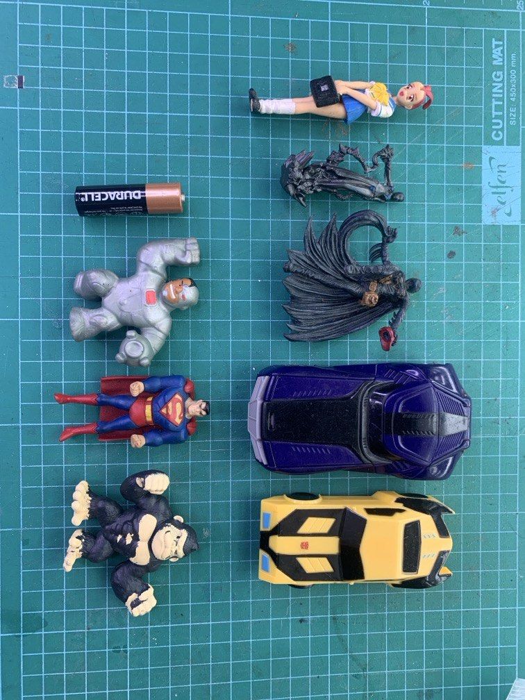 Assorted Toys - Superman Batcar Bumblebee Stretch toys (Category: Vehicle & Diecast Models) located in Carmona. Submitted by bihira (Listing ID 1451732221, Image 1). Description: Assorted Toys - Superman Batcar Bumblebee Stretch toys - WYSIWYG - Free fodders - Bumblebee Car - Hasbro - Batmobile - Hotwheels - Dc Superman - with markings - Gorilla and Cyborg Stretcherz.
