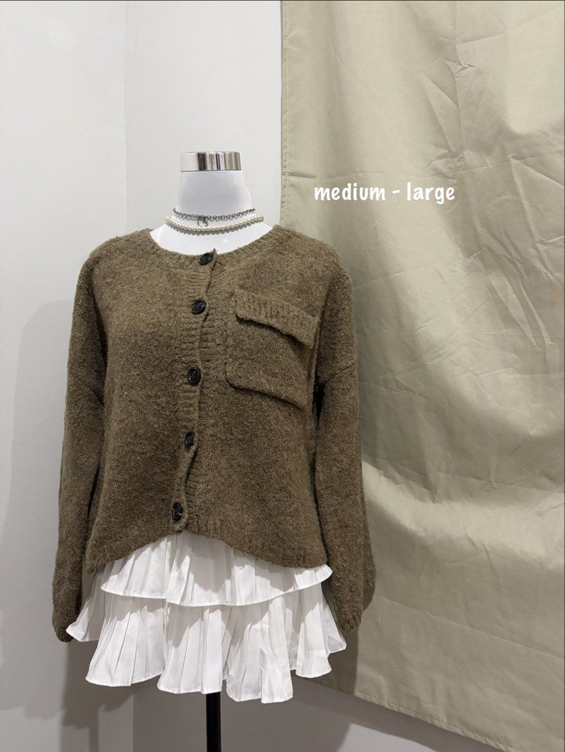 Assorted Women's Tops and Cardigans - Various Sizes (Category: Others Tops) located in Paranaque City. Submitted by jashideclutter (Listing ID 1451850724, Image 2). Description: - Green ruffled blouse (fits XS-S) - Brown textured cardigan (fits M-L) - Blue V-neck sweater (fits S-M) - Beige collared blouse (fits S-M) - Pink ribbed cardigan (fits S-M).
