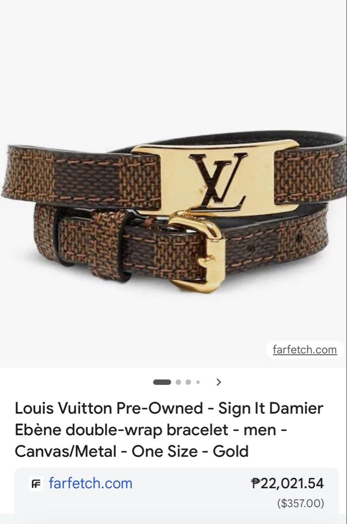 Authentic Louis Vuitton (LV) Sign It Double-Wrap Bracelet (Category: Luxury Accessories) located in Mandaluyong City. Submitted by wear_your_style (Listing ID 1451738920, Image 3). Description: Store bought at LV Greenbelt. Still priced at ₱22K in Farfetch. Lightly used. Complete with box and dustbag and paper bag. Belt type po yung closure. Gold na gold pa yan. One size only with 3 adjustment holes. Issue: some signs of use (if any) and maybe so
