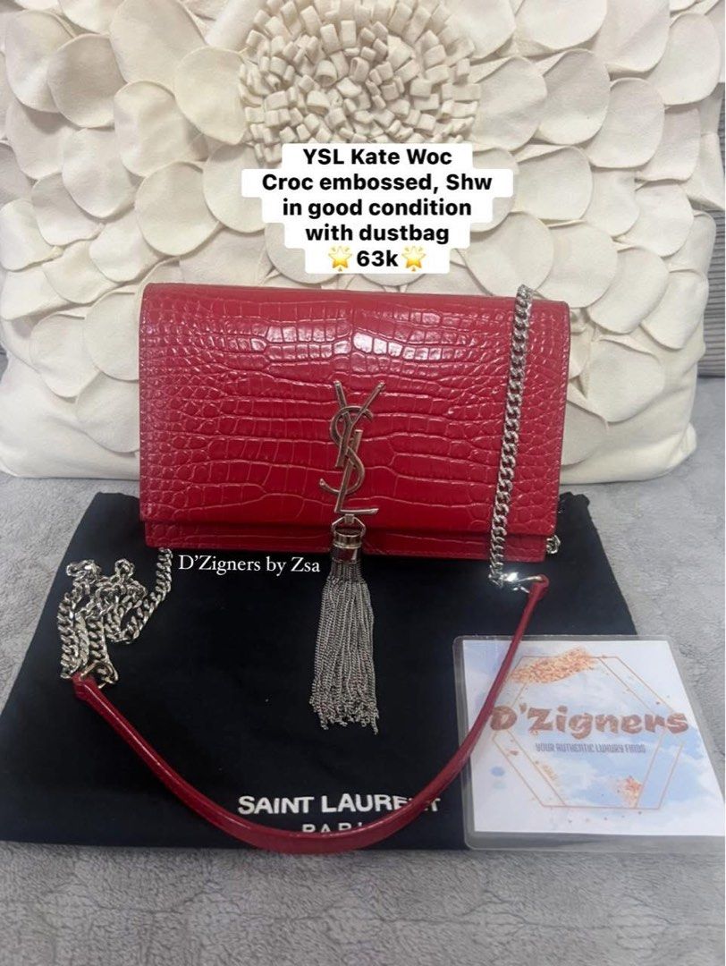 Authentic Ysl kate wallet on chain (Category: Luxury Bags & Wallets) located in Quezon City. Submitted by DZignersbyZsa (Listing ID 1451792097, Image 1). Description: Authentic Ysl kate wallet on chain Croc embossed with dustbag with signs of use in the gum lining but no major flaw .
